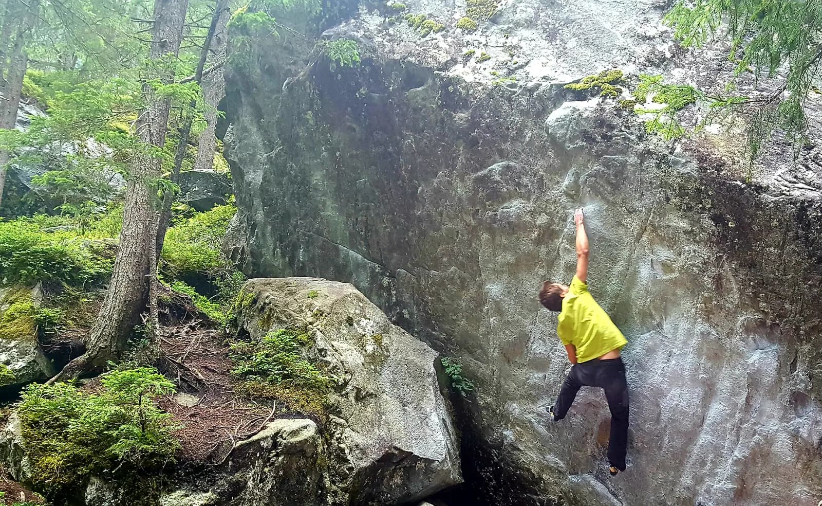 Grimpeur sur un grand bloc en forêt