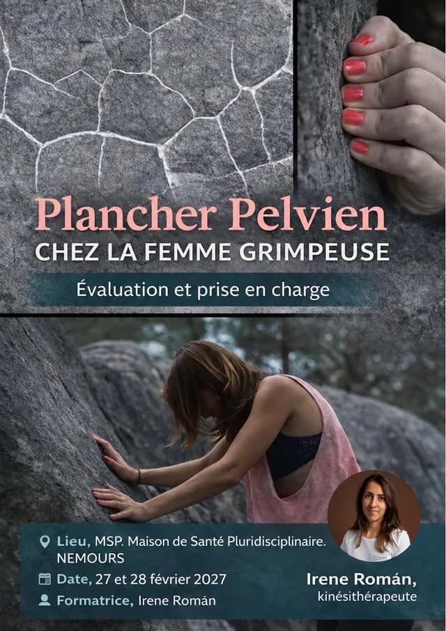 Affiche de la formation : Plancher pelvien chez la femme grimpeuse, évaluation et prise en charge, les 27 et 28 février 2027 à Nemours, avec Irene Román